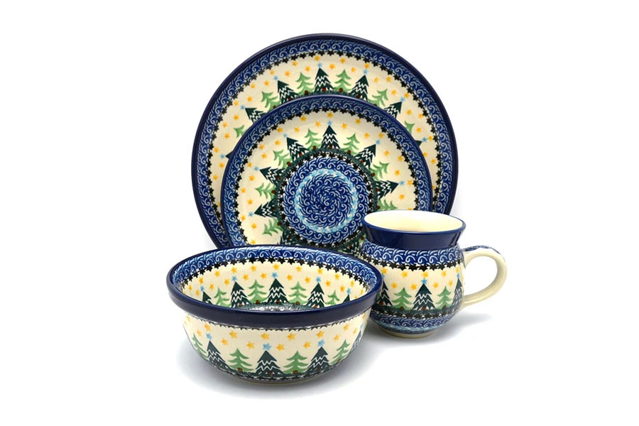 Polish Pottery 4-pc. Place Setting With Standard Bowl - Christmas Trees 1 Polish Pottery 4-pc. Place Setting With Standard Bowl - Christmas Trees