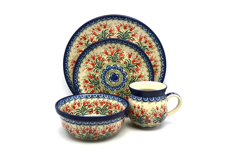 Polish Pottery 4-pc. Place Setting With Standard Bowl - Crimson Bells
