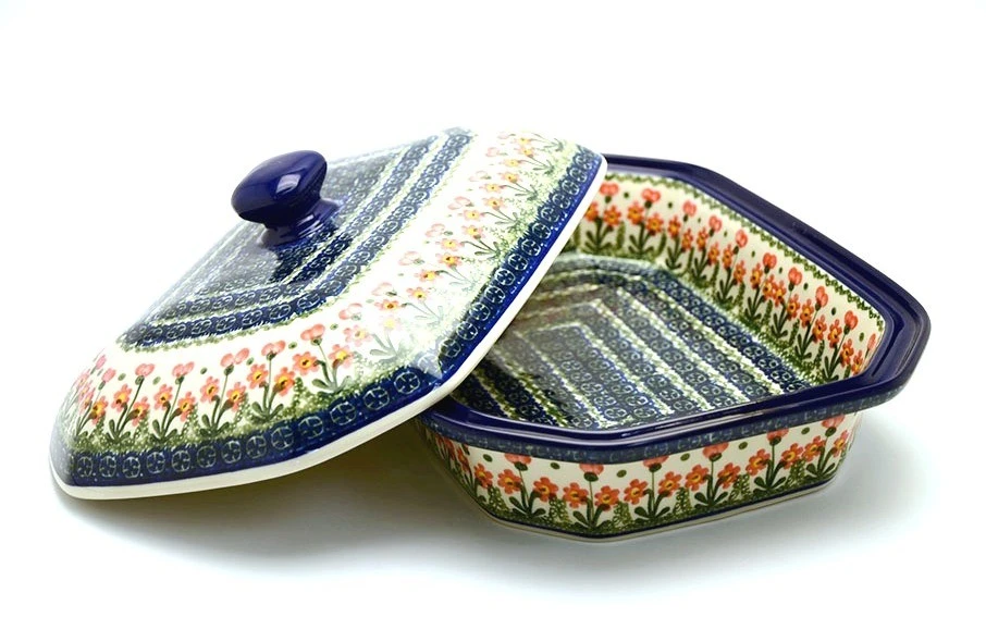 Polish Pottery Baker - Rectangular Covered - Large - Peach Spring Daisy
