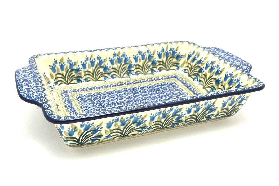 Polish Pottery Baker - Rectangular With Tab Handles - 7 Cups - Blue Bells 1 Polish Pottery Baker - Rectangular With Tab Handles - 7 Cups - Blue Bells