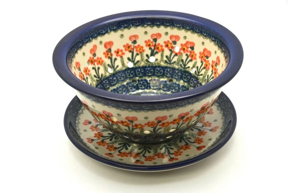 Polish Pottery Berry Bowl With Saucer - Peach Spring Daisy