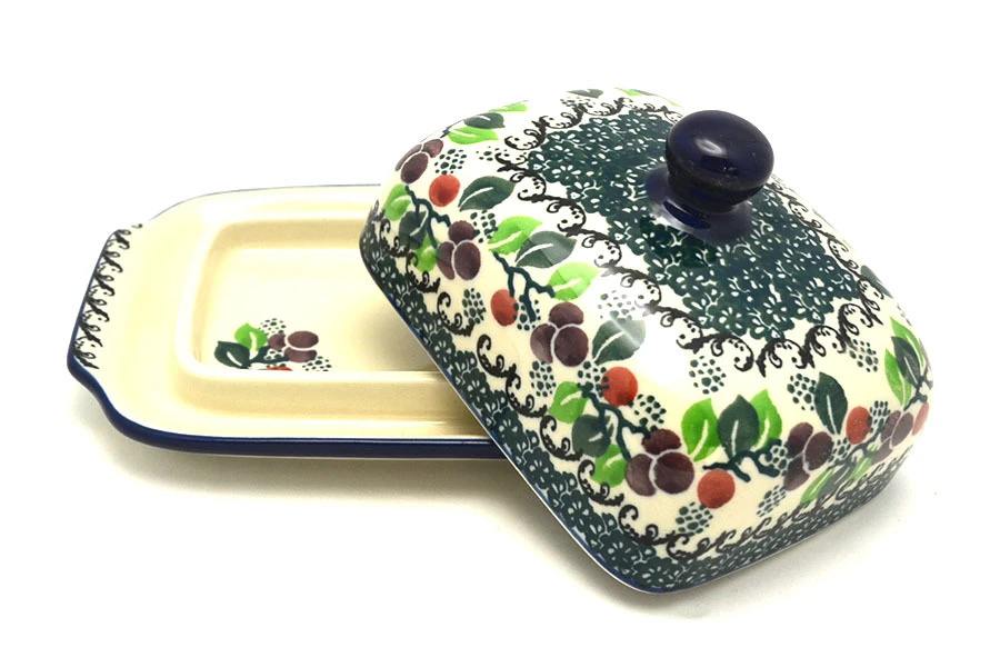 Polish Pottery Butter Dish - Burgundy Berry Green - Image 2