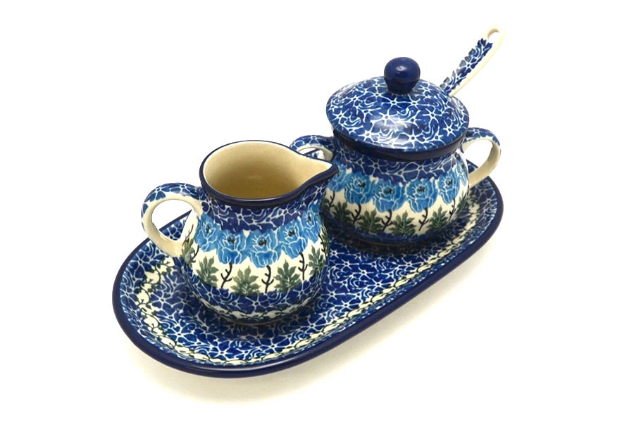 Polish Pottery Cream & Sugar Set With Sugar Spoon - Antique Rose 1 Polish Pottery Cream & Sugar Set With Sugar Spoon - Antique Rose