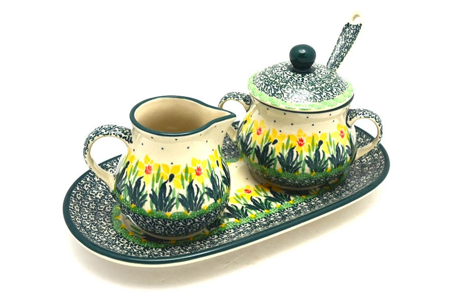 Polish Pottery Cream & Sugar Set With Sugar Spoon - Daffodil 1 Polish Pottery Cream & Sugar Set With Sugar Spoon - Daffodil