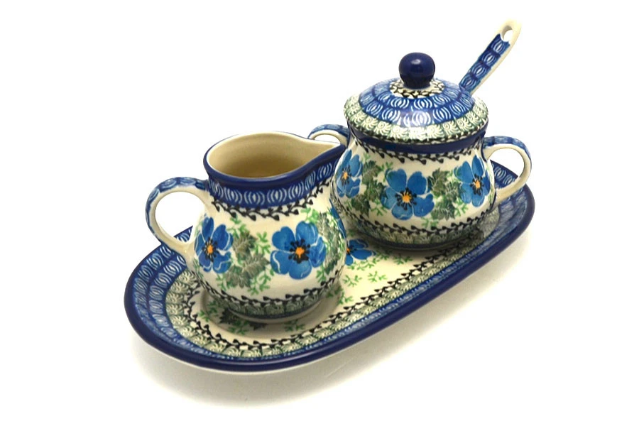 Polish Pottery Cream & Sugar Set With Sugar Spoon - Morning Glory