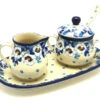 Polish Pottery Cream & Sugar Set With Sugar Spoon - White Poppy