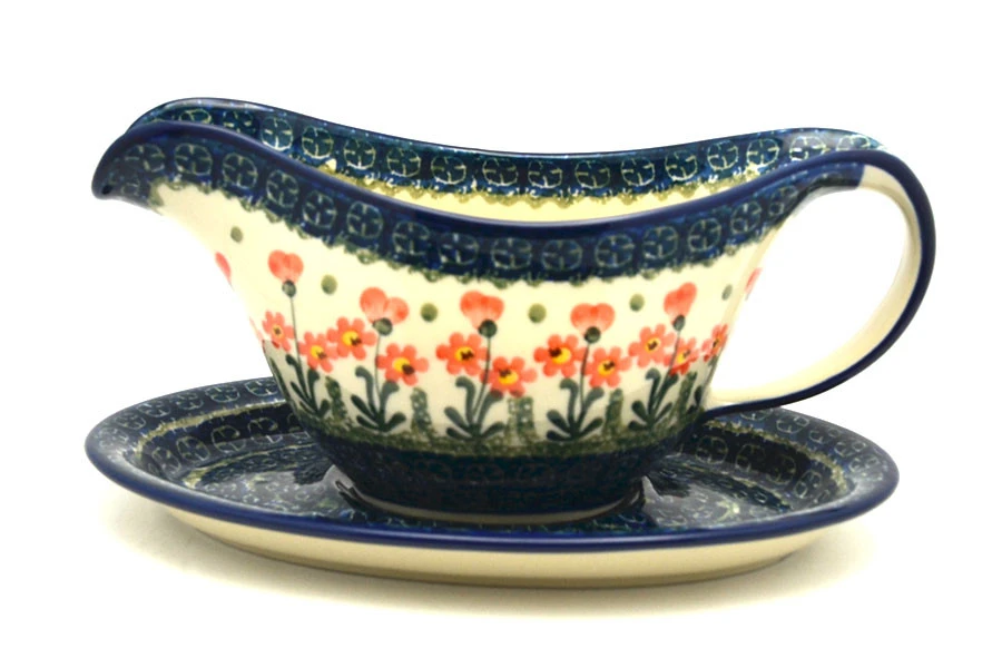 Polish Pottery Gravy Boat - Peach Spring Daisy 1 Polish Pottery Gravy Boat - Peach Spring Daisy