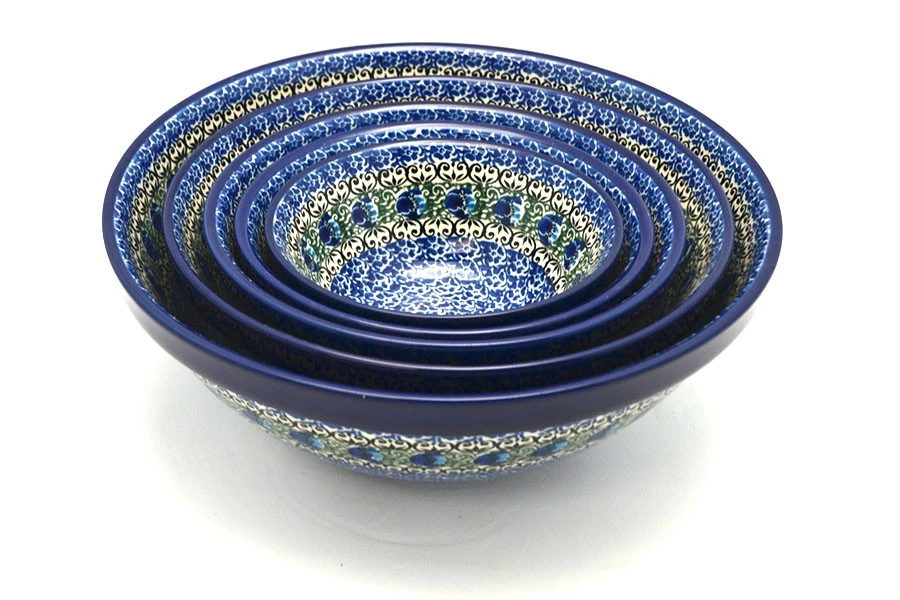 Polish Pottery Nesting Bowl Set - Peacock Feather