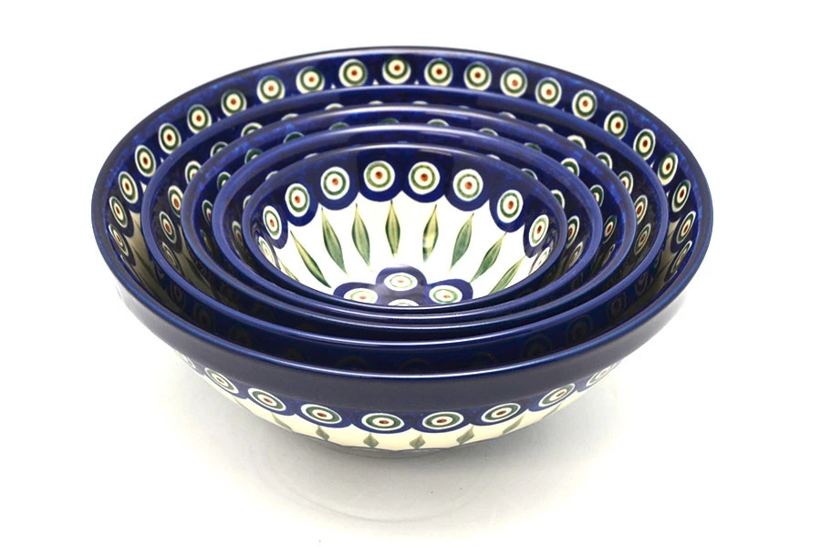 Polish Pottery Nesting Bowl Set - Peacock 1 Polish Pottery Nesting Bowl Set - Peacock