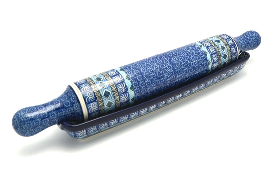 Polish Pottery Rolling Pin With Stand - Aztec Sky