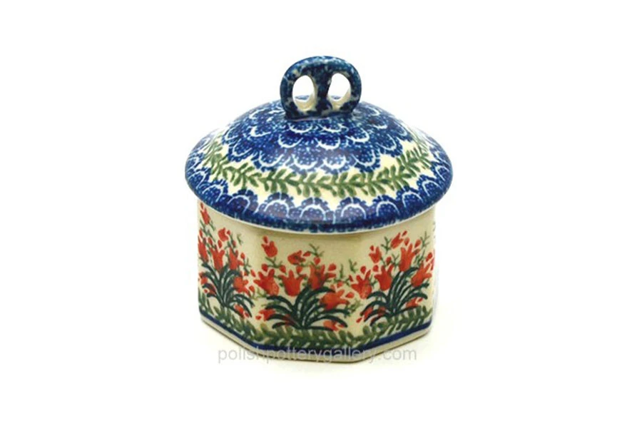 Polish Pottery Trinket Box - Crimson Bells 1 Polish Pottery Trinket Box - Crimson Bells